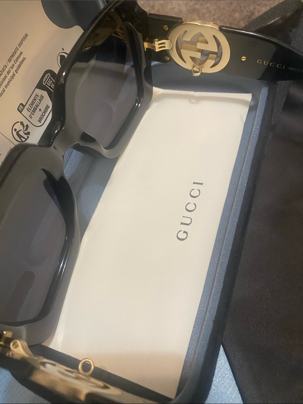 Gucci Black Rectangular Sunglasses with Gold GG Accents - Picture 6 of 11